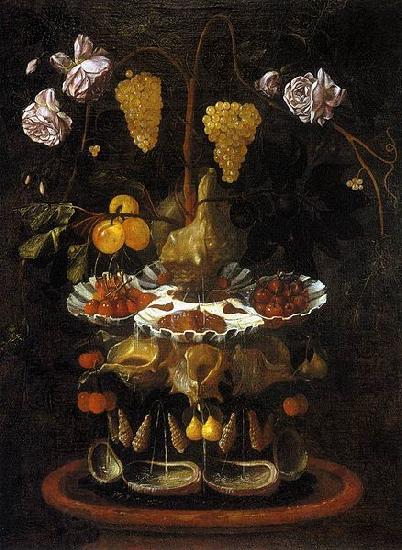 Juan de  Espinosa A fountain of grape vines, roses and apples in a conch shell